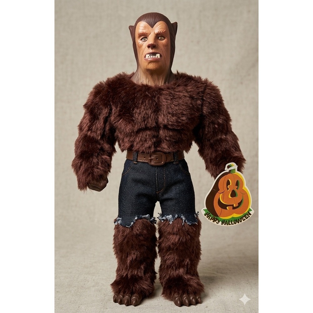 Vtg Werewolf Plush Figure Vinyl Head Faux Fur Muscular‎ Halloween Monster Toy